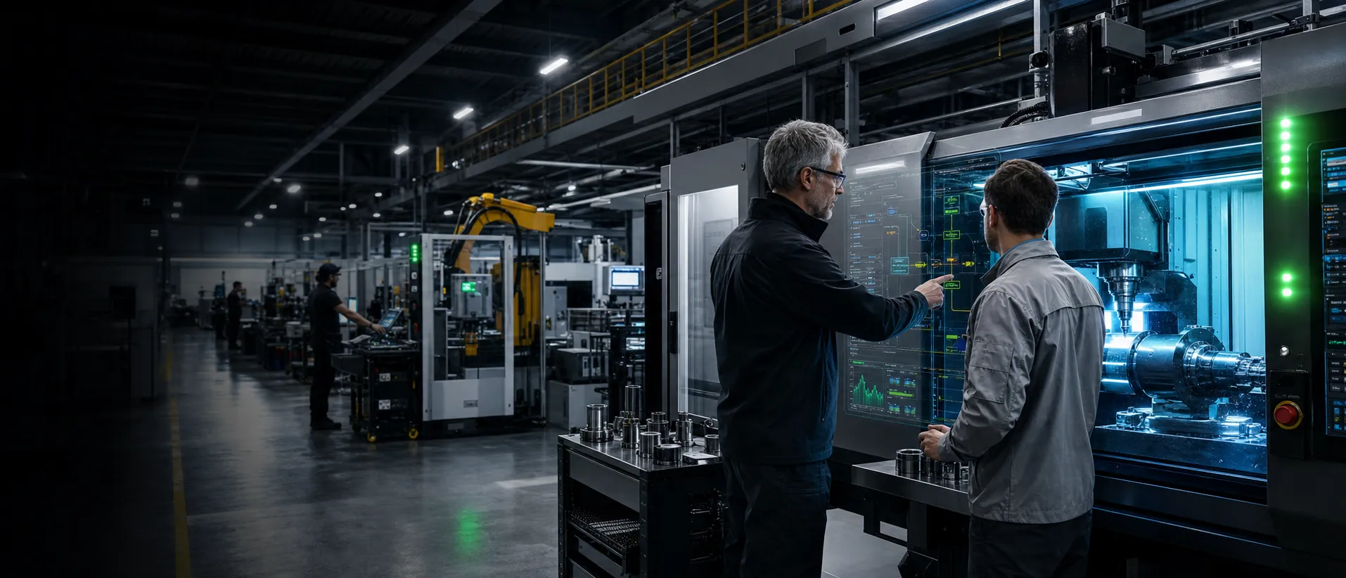 Industrial engineers reviewing live workflow data beside an active CNC machining cell.