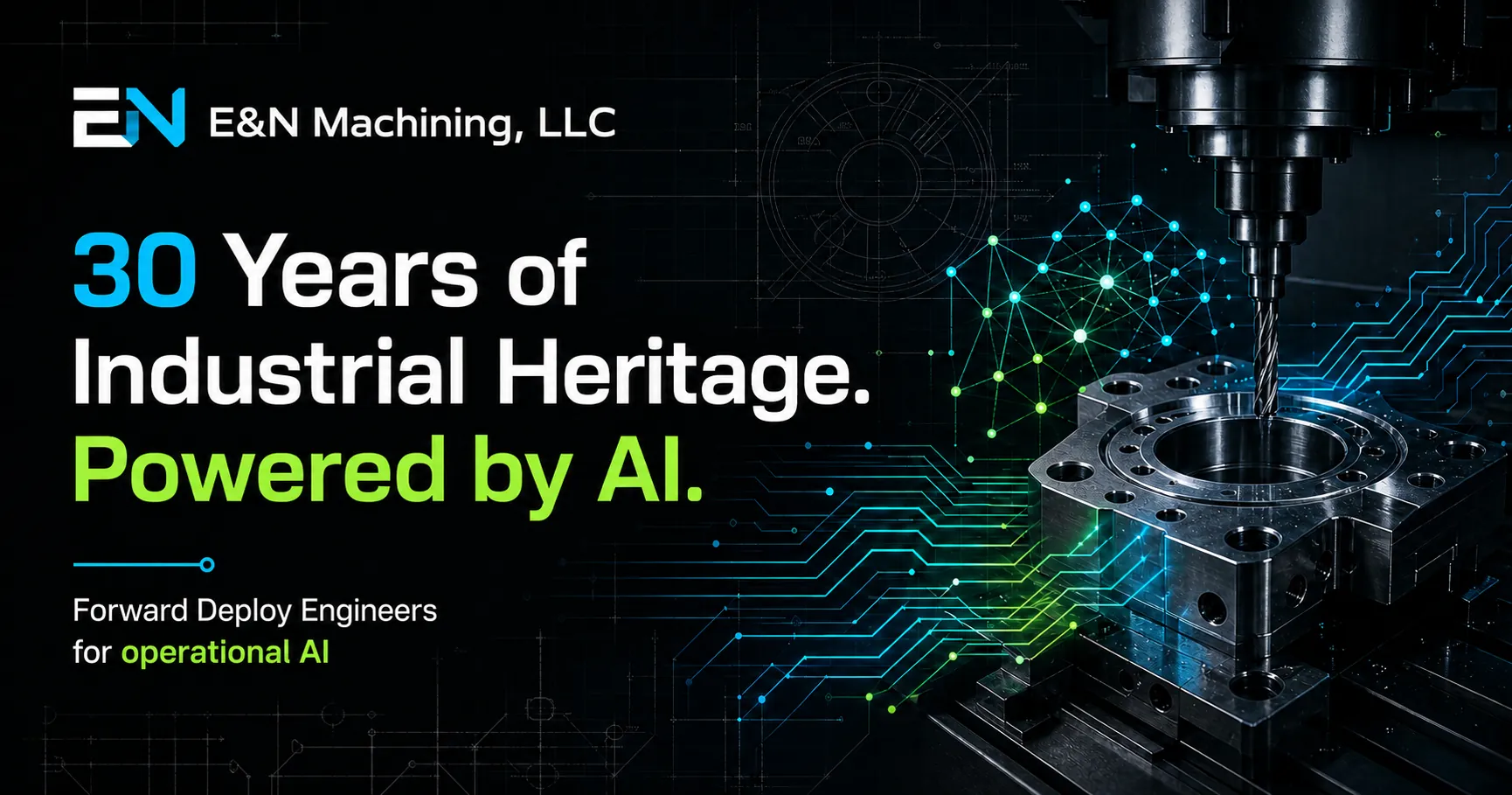 A precision machining center connected to an illuminated AI network and digital circuitry.